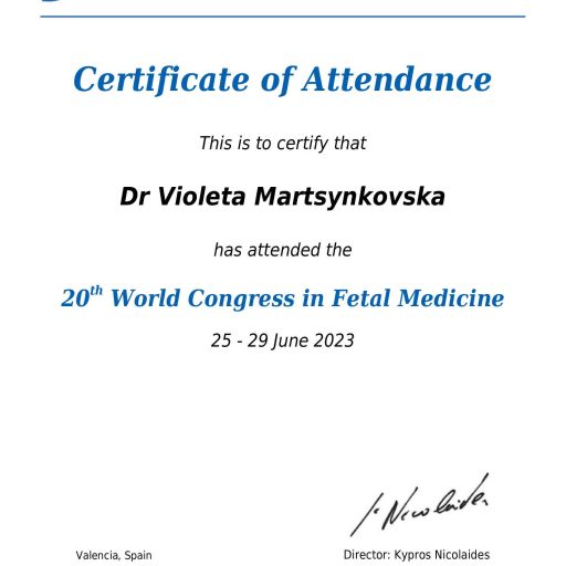 Cертифікат про відвідування 20го Всесвітнього конгресу з фетальної медицини. Віолетта Марцинковська. Валенсія, Іспанія 2023